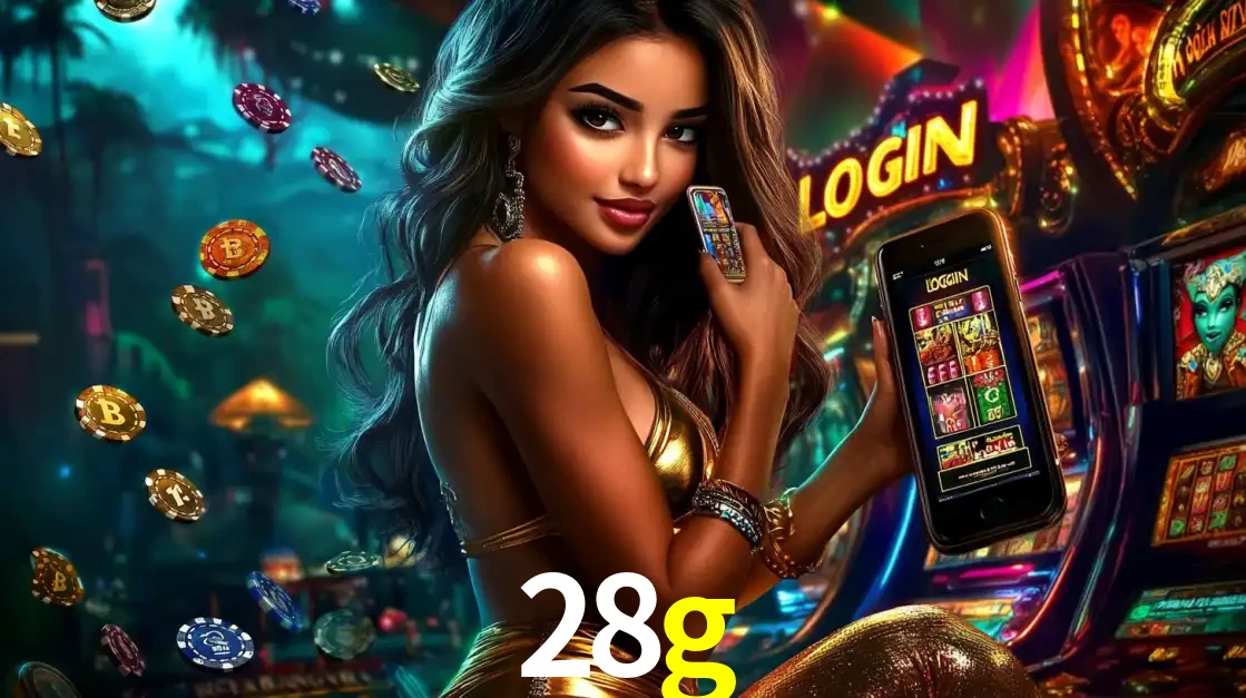 Mulher em um cenário de cassino temático de aventura, mostrando o app de caça-níqueis da 28g no celular. Fichas de apostas flutuam ao redor.