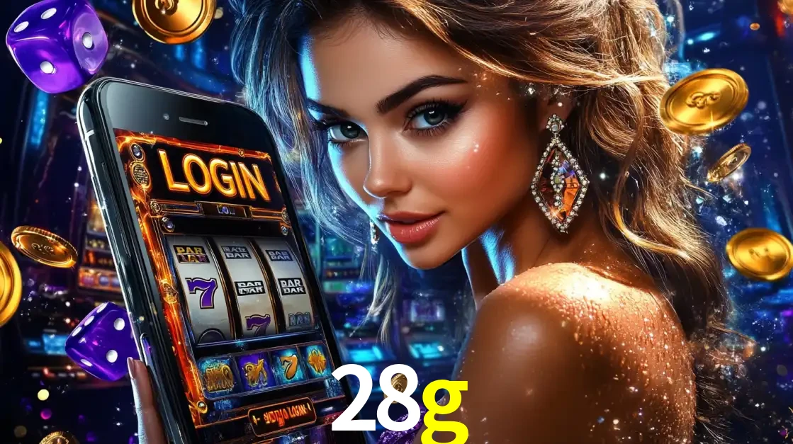 Mulher glamorosa segurando um smartphone com a tela de login para os jogos de caça-níqueis do cassino online 28g, com moedas de ouro e dados ao redor.