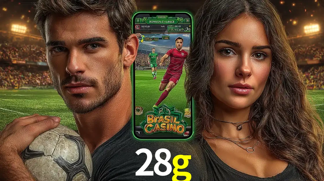 Homem segurando uma bola de futebol e uma mulher ao lado de um smartphone exibindo o jogo de apostas esportivas da 28g. Faça seu palpite no cassino online.